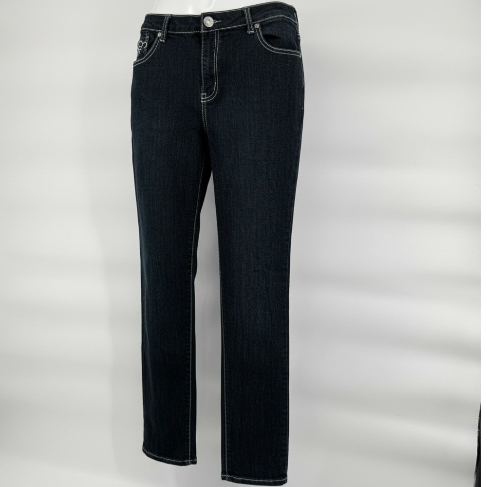 5ive Women Size 14 Dark Wash Slim Leg Jeans Sequin Embroidered Back Pockets Blue